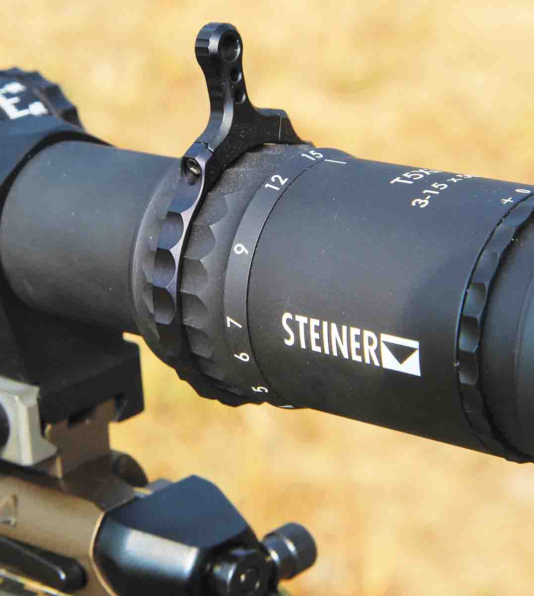 The tapered magnification ring allows shooters to easily read magnification numbers while on the rifle. An extended throw lever is also included.